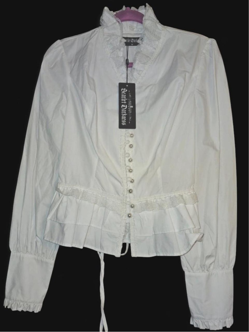 Scarlett Darkness White Victorian High Ruffle Collar Cuffs Button Front Blouse M